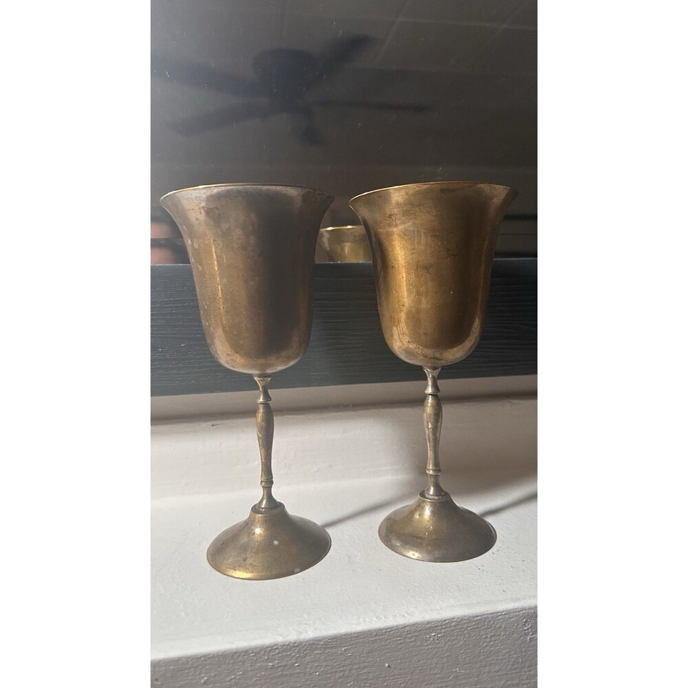 Set Of 2 Vintage Brass Metal Wine Goblet Chalice 7.5” Tall